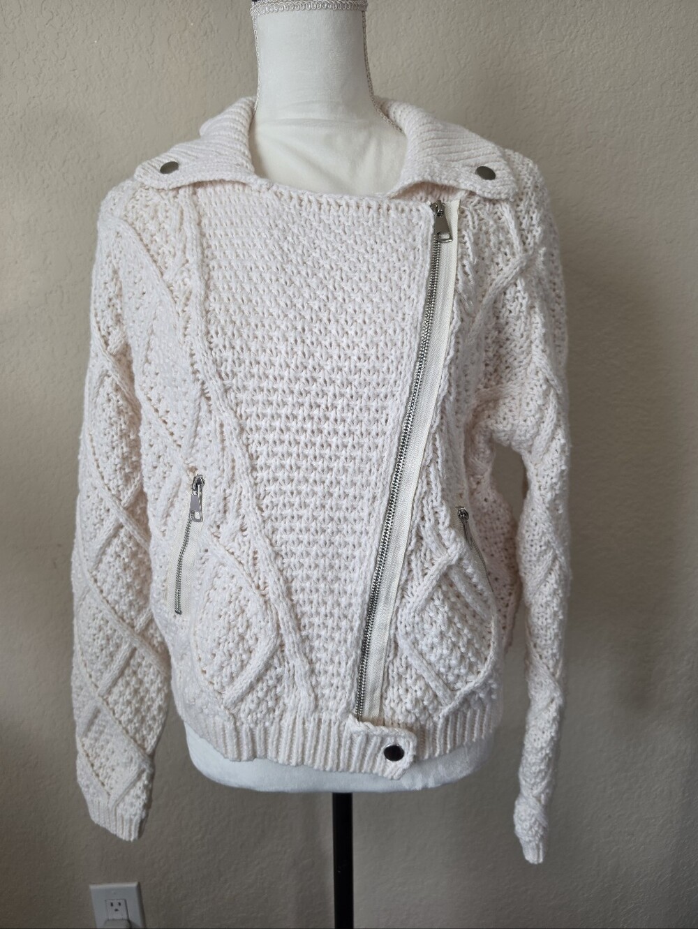 En Crème Cream Chunky Cable Knit Moto Jacket S